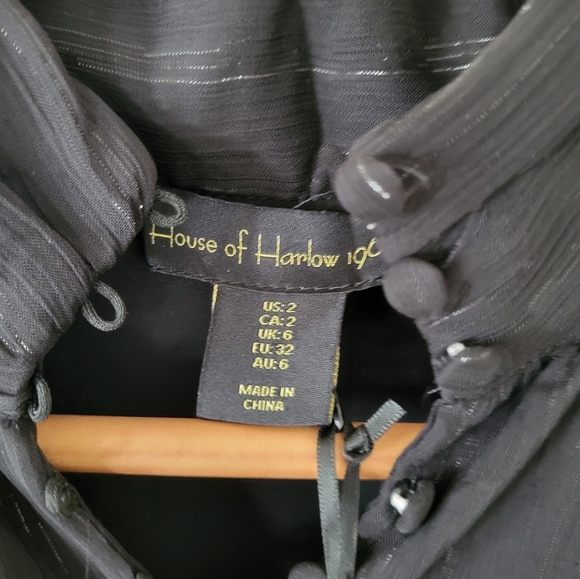 House of Harlow Ruched Mini Dress Lurex Sheer Bishop Sleeve Black Sz 2 - Picture 13 of 15